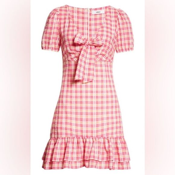 NWT LIKELY Kai Check Ruffle Hem Puff Sleeve Mini Dress in Fuchsia Multi size 10 - Picture 6 of 15